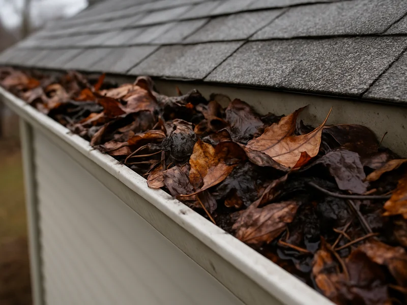Before: gutter packed with wet leaves and debris