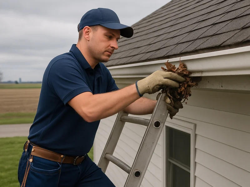 Technician cleaning a gutter on a home in Greentown, IN