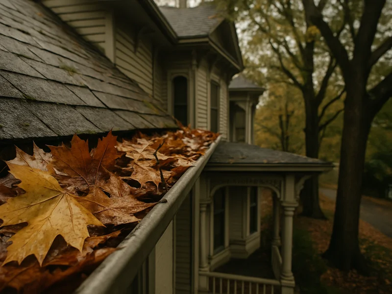 Clogged gutter full of leaves before cleaning in Kokomo, IN