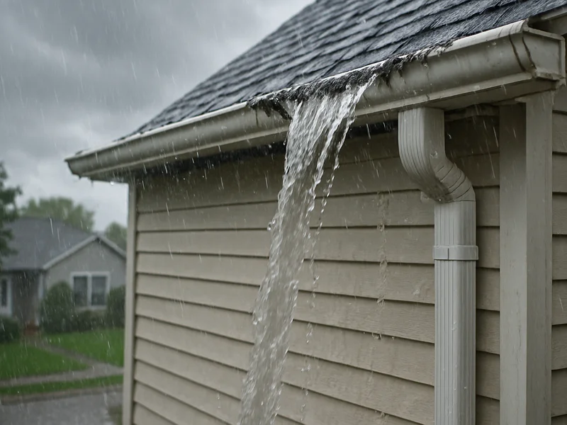 Water overflowing from a clogged gutter down the side of a house