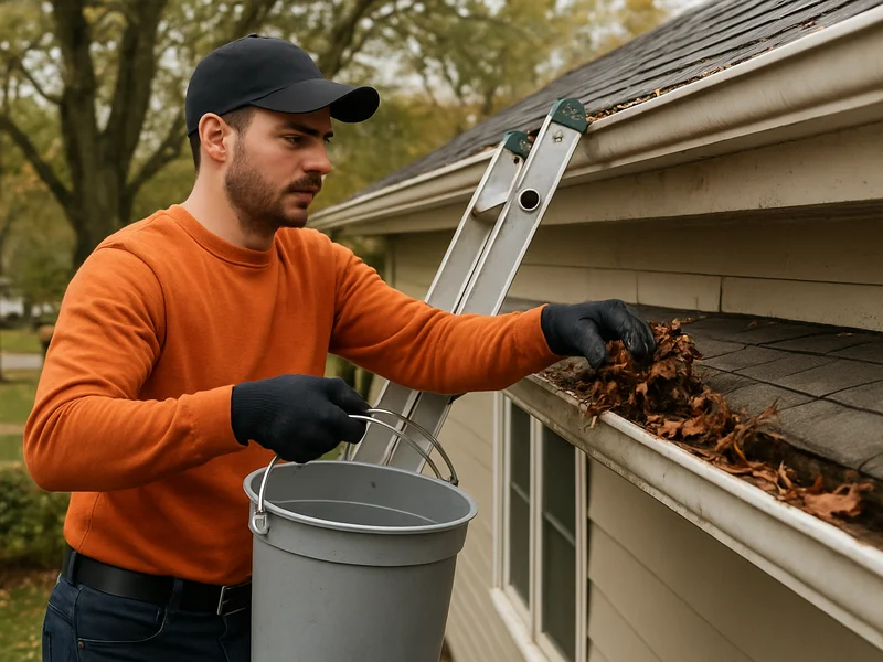 Technician removing leaves from a gutter by hand near Kokomo, IN