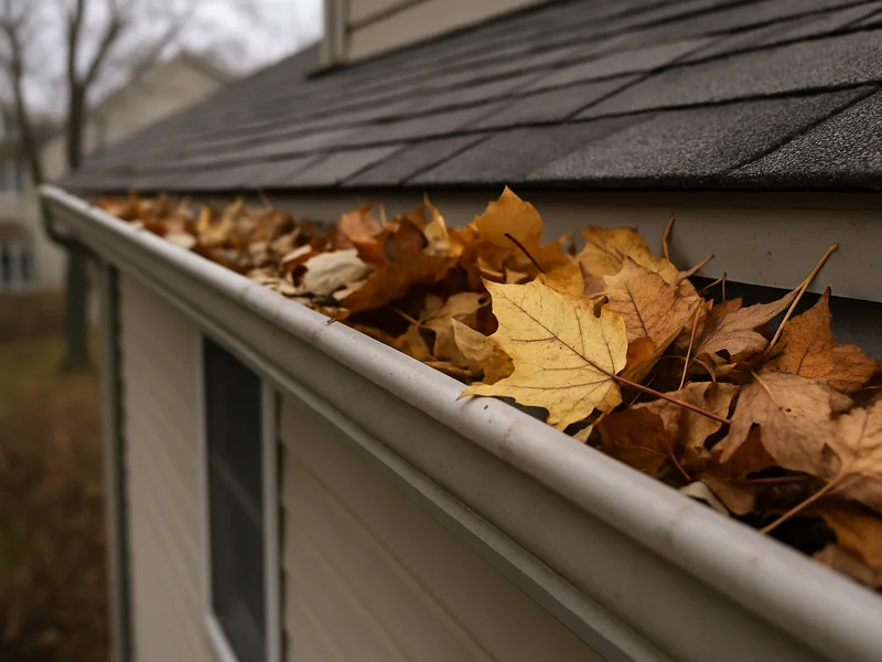Before: unguarded gutter filling with leaves