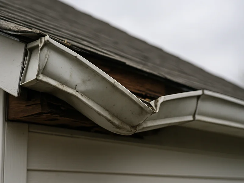 Before: sagging gutter section pulled away from fascia