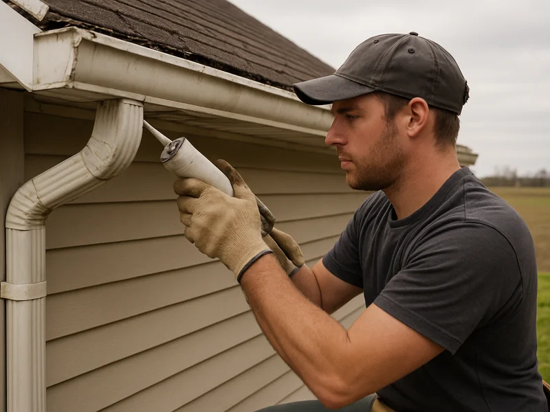 Technician repairing a gutter seam on a home in Greentown, IN
