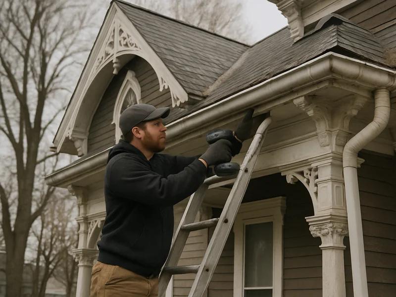 Technician repairing a sagging gutter on an older home in Kokomo, IN