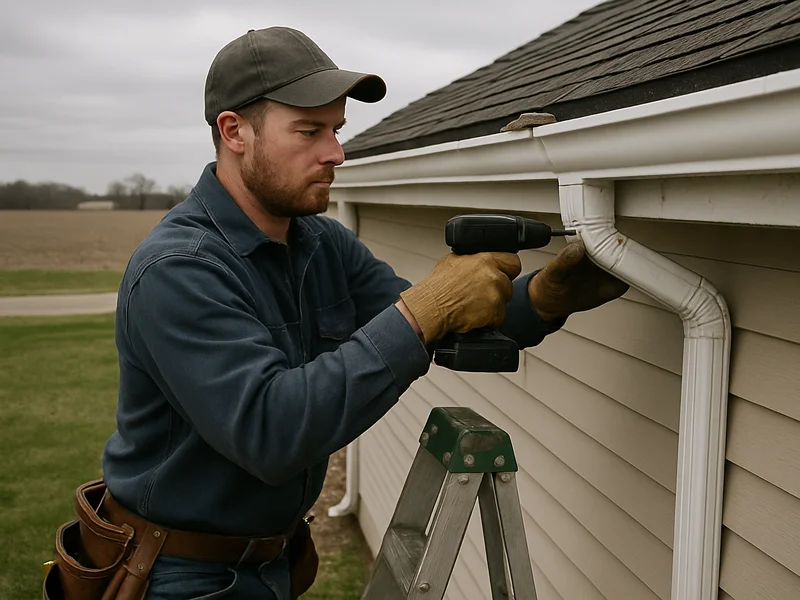 Technician repairing a gutter on a home in Russiaville, IN